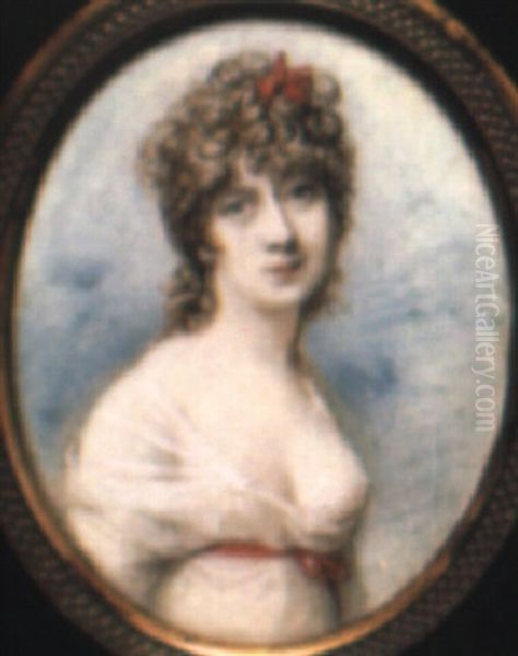 Portrait Of A Lady In Low-cut White Dress With Red Sash Oil Painting by Richard Cosway