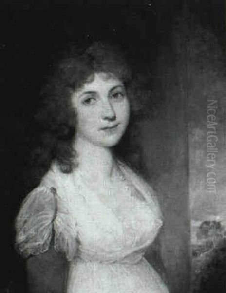 Portrait Of A Young Woman, Said To Be Miss Denison, Half    Length, Wearing A White Dress With Blue Sleeves, A Oil Painting by Richard Cosway