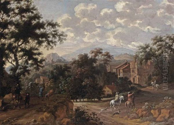 An Italianate Mountainous Landscape With Horsemen Entering A Village Oil Painting by Pieter Cosyn