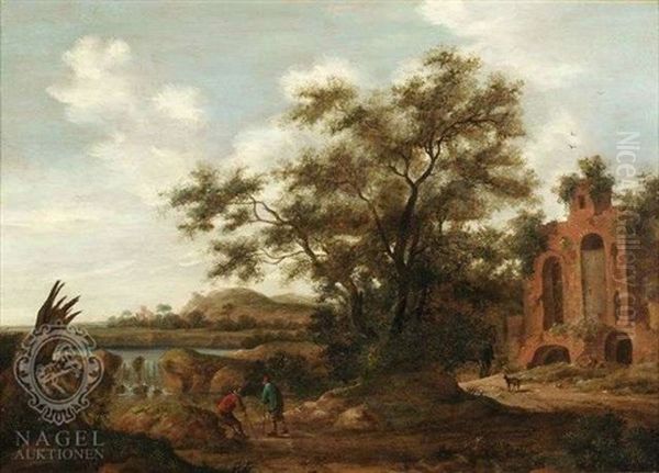 Fluslandschaft Mit Groser Eiche Und Zwei Rastenden Wanderern Vor Fernem Wasserfall, Rechts Ruinoses Gebaude Oil Painting by Pieter Cosyn