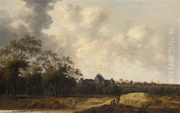 A View Of The Huis Ter Nieuburch Near Rijswijk, With Peasants In The Foreground Oil Painting by Pieter Cosyn