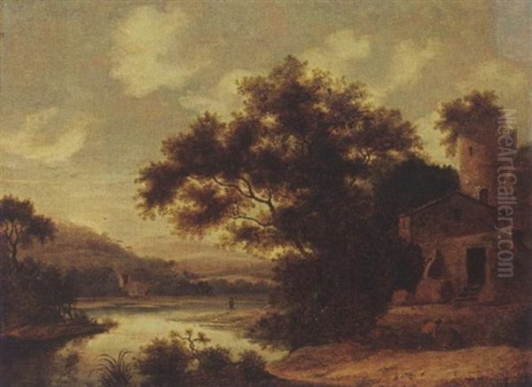 A Wooded River Landscape With Figures Near A Village Oil Painting by Pieter Cosyn