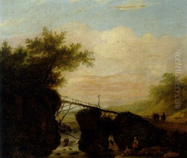 Bewaldete Landschaft Mit Einer Brucke Uber Einem Wasserfall Oil Painting by Pieter Cosyn