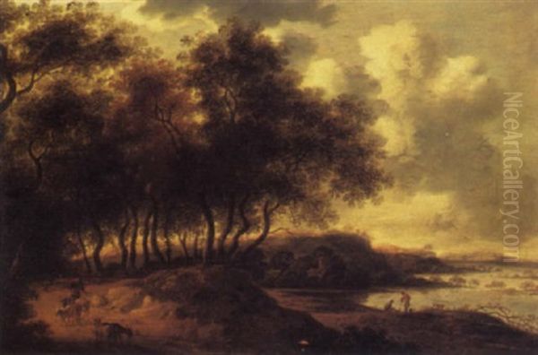 A Wooded River Landscape With A Shepherd And His Flock On A Path, A Fortified House And Mountains Beyond Oil Painting by Pieter Cosyn