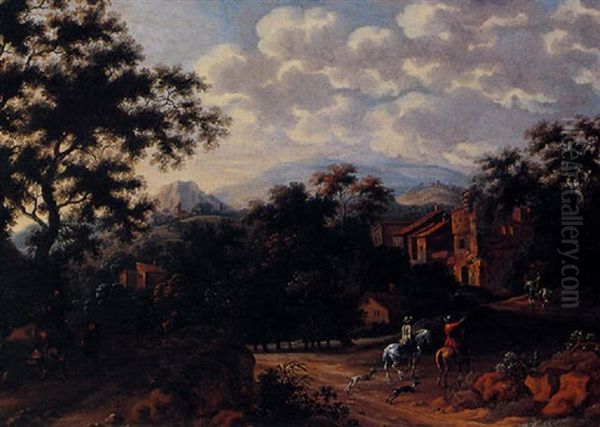 An Italianate Wooded Landscape With Travellers And Horsemen Oil Painting by Pieter Cosyn