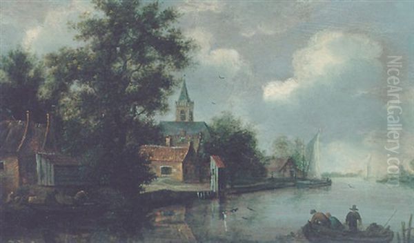 A River Landscape With Fishermen Casting Nets From A Boat Oil Painting by Pieter Cosyn