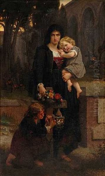 Mutter Mit Ihren Beiden Kindern Am Grab Des Vaters Oil Painting by Pierre Auguste Cot