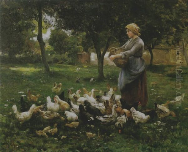 Feeding The Chickens Oil Painting by Therese Marthe Francoise Cotard-Dupre