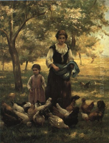 Feeding The Chickens Oil Painting by Therese Marthe Francoise Cotard-Dupre