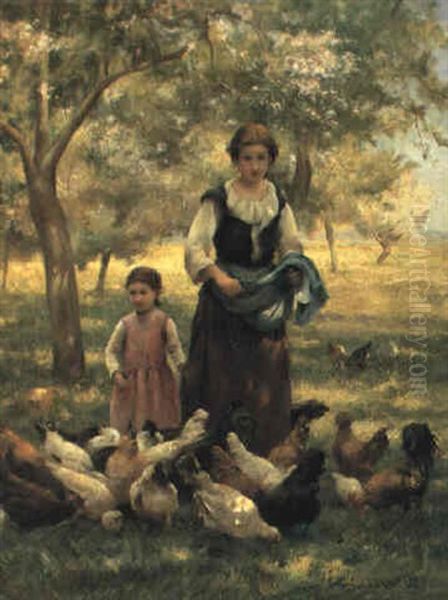 Feeding The Chickens Oil Painting by Therese Marthe Francoise Cotard-Dupre