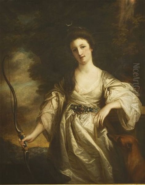 Portrait Of Joyce Lake As Diana, Three-quarter Length, In A White Dress And Holding A Bow, A Dog By Her Side, In A Wooded Landscape Oil Painting by Francis Cotes