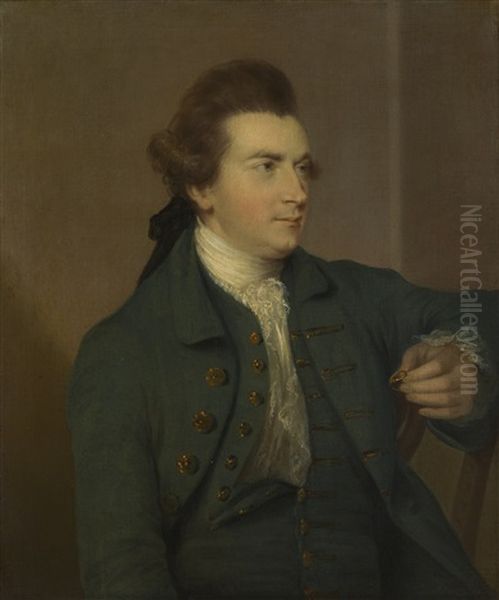 Portrait Of Henry Cope, 'the Green Man', Half-length, Wearing Green And Holding A Ring In His Left Hand Oil Painting by Francis Cotes