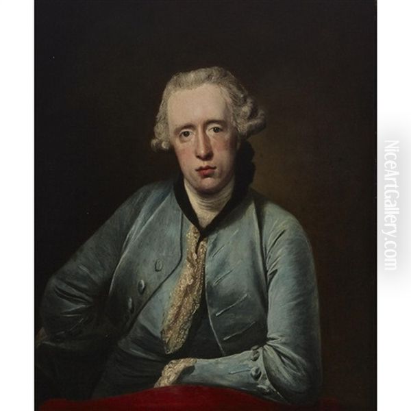 Portrait Of David Gavin Of Langton House, Berwickshire, Half-length, Wearing A Blue Coat And A Lace Jabot, Leaning On A Red Chair Oil Painting by Francis Cotes