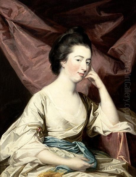 Portrait Of Lady Fortescue, Seated, Half-length, In A White Silk Dress Before A Red Curtain Oil Painting by Francis Cotes