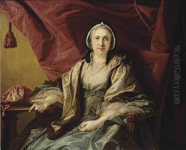 Portrait Of Mrs Brett, Three-quarter-length, In A Blue Dress, Spotted Voile Wrap And Lace Cap, Seated In A Red Chair By A Table, With Her Sewing Bag, A Red Draped Curtain Beyond Oil Painting by Francis Cotes