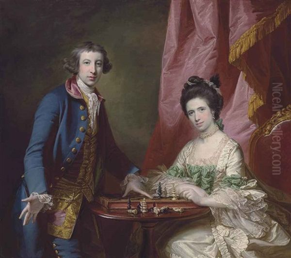 Portrait Of William Earle Welby (c. 1734-1815), Of Denton, Lincolnshire And His First Wife, Penelope (1737-1771), Playing Chess, Before A Draped Curtain Oil Painting by Francis Cotes