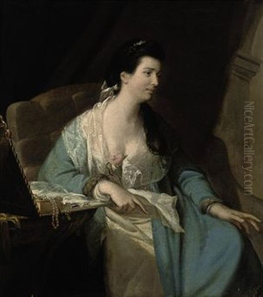 Portrait Of A Lady Seated In A Fur-trimmed Blue Dress With A Lace Wrap Beside A Table With A Box Of Jewels Oil Painting by Francis Cotes