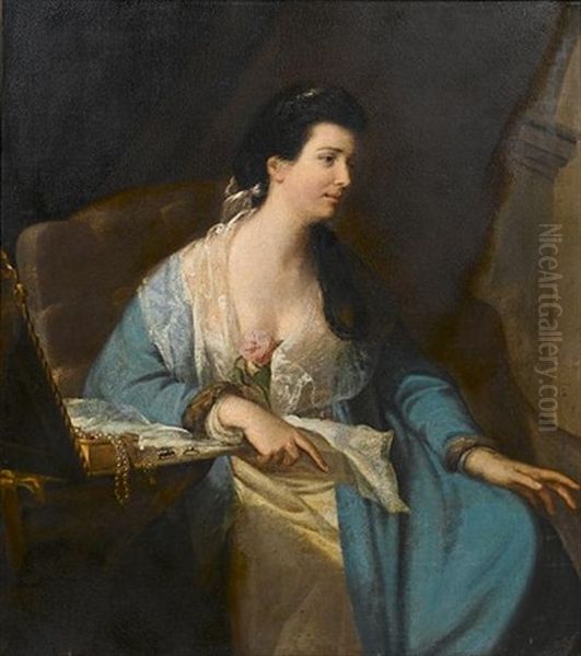 Portrait Of A Lady, Three-quarter-length, In A Blue Dress With A White Lace Shawl Held With A Pink Rose, Seated At Her Dressing Table Oil Painting by Francis Cotes