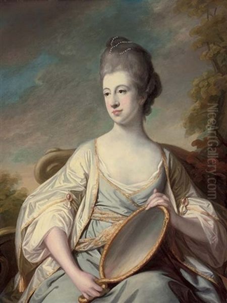 Portrait Of Mary Dering In An Oyster Satin Dress With Gold Trim, Holding A Mirror, In A Landscape Oil Painting by Francis Cotes