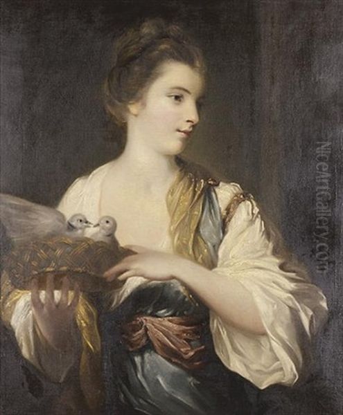 Portrait Of A Lady In A Pale Blue And White Dress With A Pink Sash At Her Waist, Holding A Basket Of Doves Oil Painting by Francis Cotes