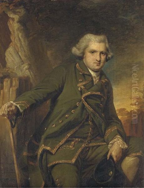 Portrait Of Sir William Langham In A Green Suit With Gold Trim, Holding A Tricorn In His Left Hand And A Walking Stick In His Right, In A Landscape Oil Painting by Francis Cotes