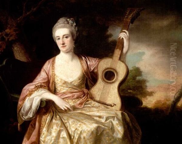 Portrait Of Maria Walpole, Countess Of Waldegrave And Later Duchess Of Gloucester, In A White Dress Embroidered With Gold And A Pink Shawl, Holding A Guitar In Her Left Hand, Seated In A Landscape Oil Painting by Francis Cotes