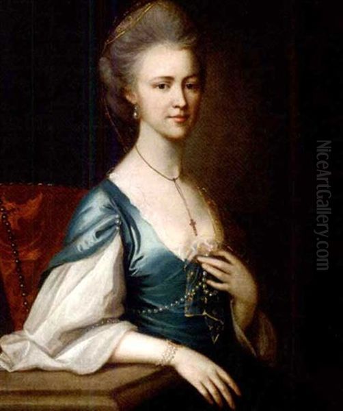 Portrait Of A Lady In A Blue Satin Dress, Seated At A Table Oil Painting by Francis Cotes