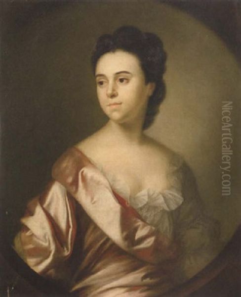 Portrait Of A Lady In A White Dress And Pink Silk Wrap, With A Pearl Choker Oil Painting by Francis Cotes