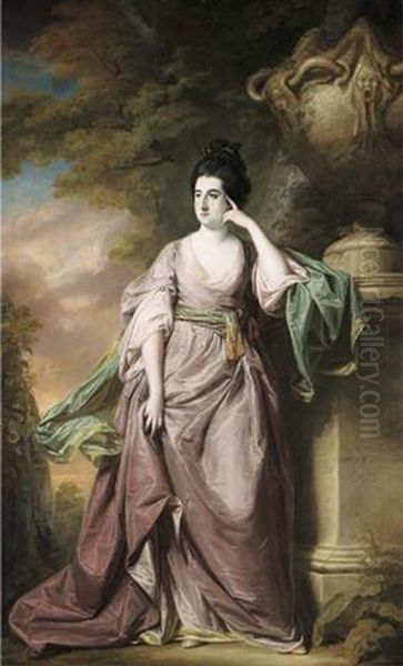 Portrait Of Mrs. William Colquhoun Of Wrotham, Norfolk, In A Lilac Dress With A Cloak, Leaning Against An Urn In A Landscape Oil Painting by Francis Cotes