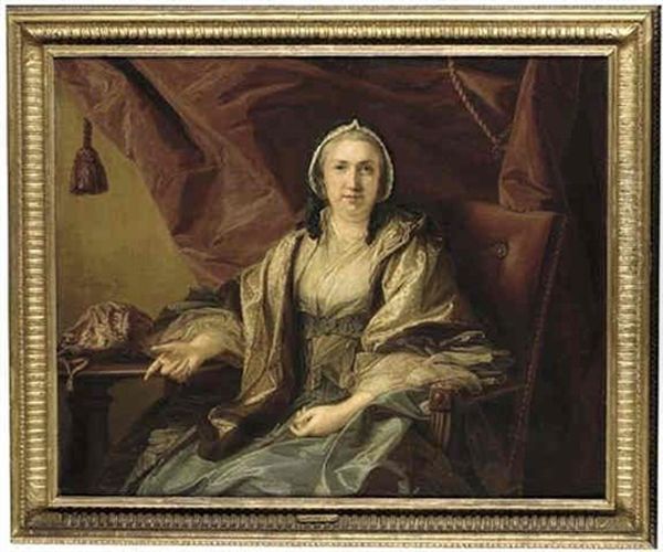 Portrait Of Mrs. Bett In A Blue Dress, Spotted Voile Wrap And Lace Cap, Seated In A Red Chair By A Table, On Which Is Her Sewing Bag, A Red Draped Curtain Beyond Oil Painting by Francis Cotes