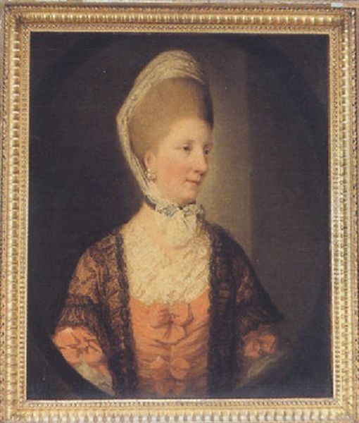 Portrait Of A Lady, Wearing A Pink Dress And A Black Lace Shawl Oil Painting by Francis Cotes