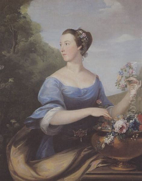 Bildnis Der Mrs. Brice Als Flora In Blauem Kleid Mit Einer Goldenen, Juwelengeschmuckten Gurtelschliesse In Einem Schlosspark Oil Painting by Francis Cotes