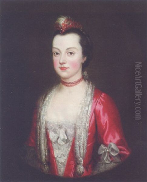 Portrait Of A Lady In A Red Dress With Lace Trimming, And A Feather In Her Hair Oil Painting by Francis Cotes