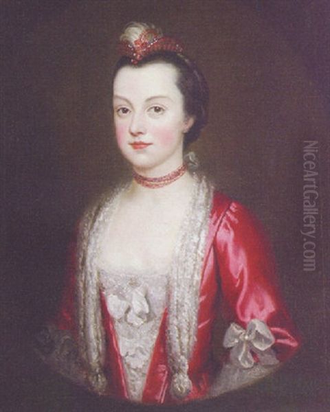 Portrait Of A Lady In A Red Dress With Lace Trimming, And A Feather In Her Hair Oil Painting by Francis Cotes