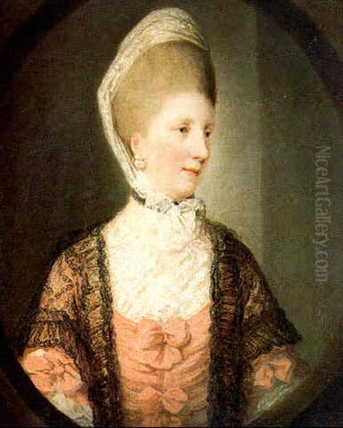 Portrait Of A Lady In Lace Bonnet And Pink Dress Oil Painting by Francis Cotes