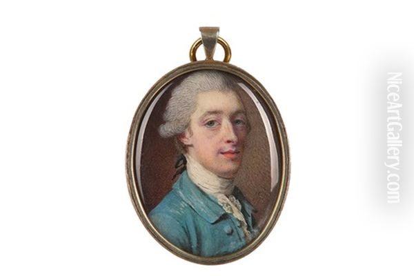 Portrait Miniature Of A Gentleman, Wearing A Green Coat And White Lace Jabot, His Hair Powdered And Worn En Queue
 Dated 1771 Oil Painting by Samuel Cotes