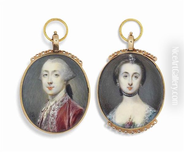 Lewis Burwell Martin (1736-1782) And His Wife, The Hon. Anna Burwell Martin, Nee Cunningham: He In Red Coat And She In Blue Dress (2 Works) Oil Painting by Samuel Cotes