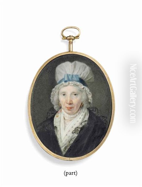 A Lady, In Black Lace-trimmed Gown, Woollen Scarf And Small Lace Ruff, Gold Earrings And White Mob-cap With Blue Ribbon Oil Painting by Samuel Cotes