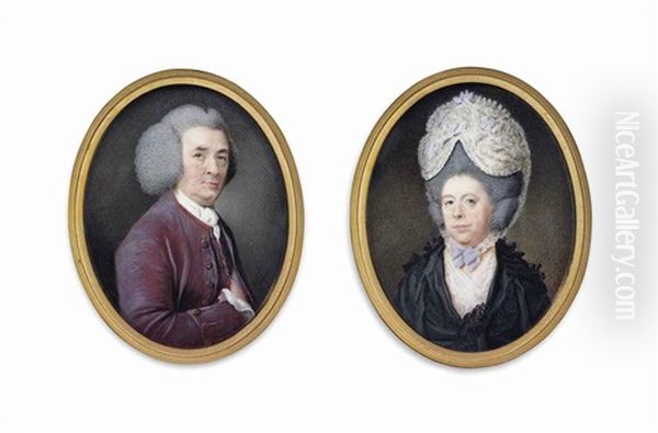 A Pair Of Miniatures: A Gentleman, In Purple Coat And Waistcoat And White Shirt And Cravat, Powdered Wig, His Right Hand Inside His Waistcoat Oil Painting by Samuel Cotes