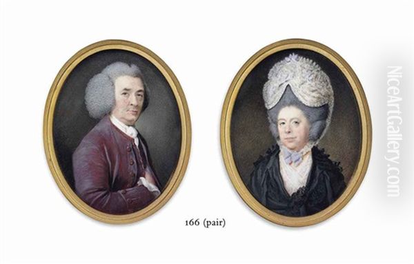 A Gentleman, In Purple Coat And Waistcoat And White Shirt And Cravat, Powdered Wig; A Lady, In A Black Silk Dress (pair) Oil Painting by Samuel Cotes