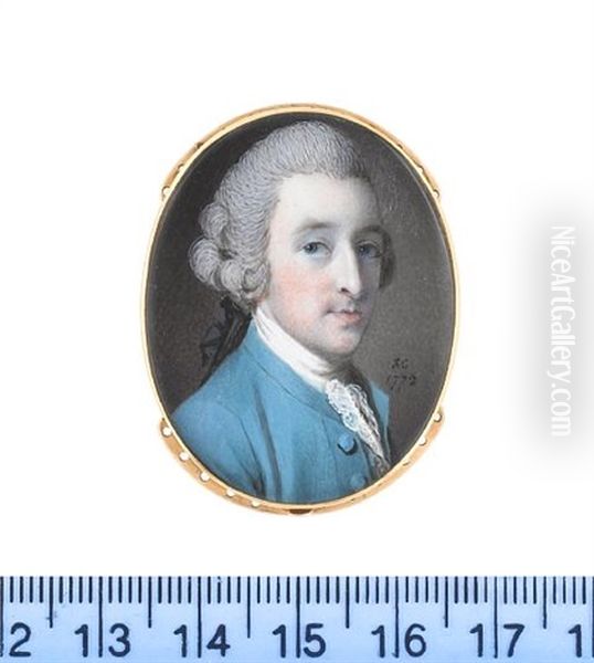 A Gentleman, Called Mr Tucker, Wearing Cerulean Blue Coat, White Stock And Lace Cravat, His Powdered Wig Worn En Queue And Tied With A Black Ribbon Bow Oil Painting by Samuel Cotes