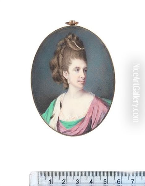 Julia Cox Of The Shergold Family, Wearing Green And Mauve Robe Over White Dress, Green Mantle With Ermine Trim, Pearl Pendent Earring Oil Painting by Samuel Cotes