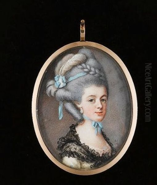 A Lady, Wearing White Dress, Pink Lace Underslip And Black Lace Shawl Tied About Her Shoulders, Drop Pearl Earring, Pale Blue Ribbon Tied About Her Neck, A Further Blue Ribbon In Her Upswept Hair Oil Painting by Samuel Cotes