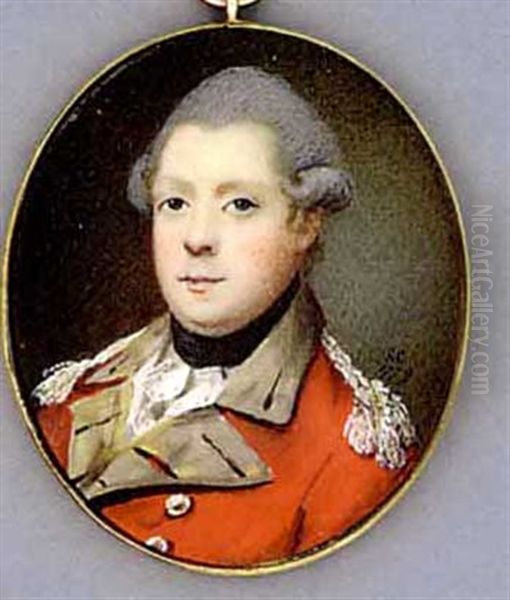 An Officer, In Red Coat With Buff Facings And White Epaulettes, White Cravat And Black Stock, Powdered Hair Oil Painting by Samuel Cotes