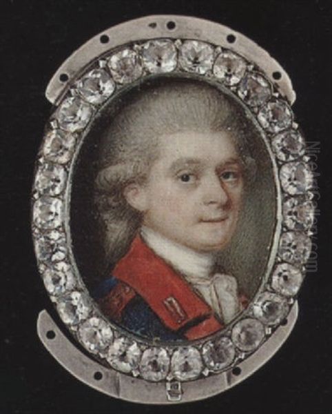 An Officer, With Powdered Hair En Queue, Wearing Blue Uniform With Gold Figured Red Facings And Epaulette, White Waistcoat, Stock And Frilled Cravat Oil Painting by Samuel Cotes