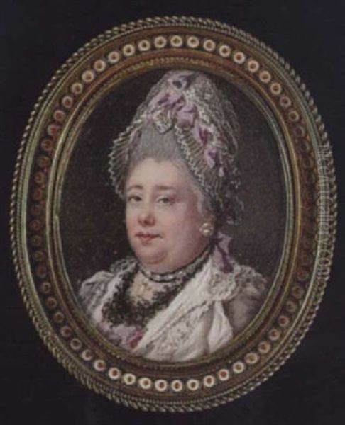 A Middle-aged Lady Wearing White Lace Bonnet With Ribbon, White Dress With Mauve Bodice, White Lace Collar And Trim... Oil Painting by Samuel Cotes