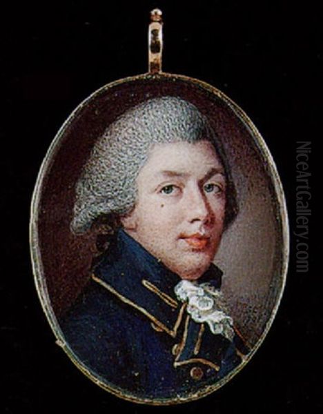 A Gentleman With Powdered Hair En Queue, Wearing Gold Trimmed Blue Coat And White Lace Cravat Oil Painting by Samuel Cotes