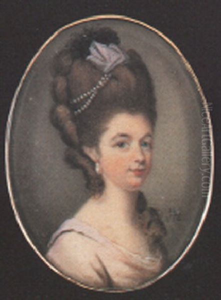 A Fine Portrait Of A Lady In Pink Dress And White Underslip Oil Painting by Samuel Cotes