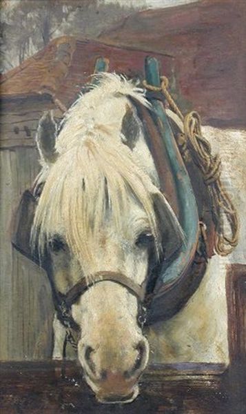 A Grey Heavy Horse Watering Oil Painting by Frederick George Cotman