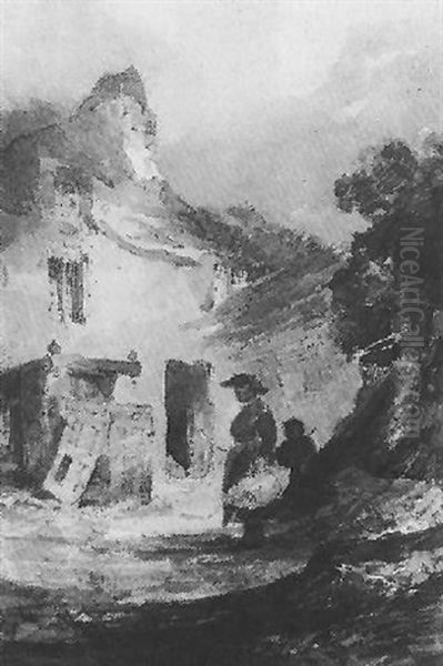 Figures Before A Cottage Oil Painting by John Sell Cotman